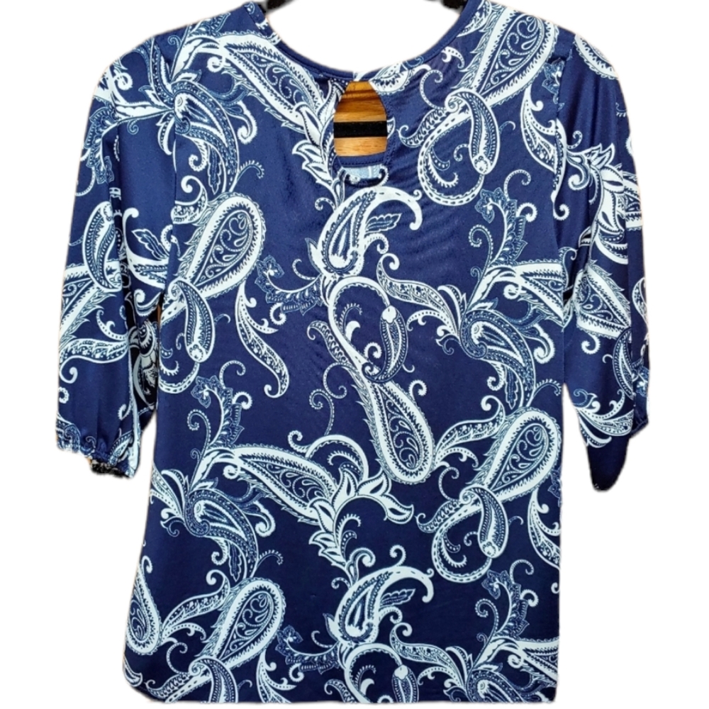 Star Vixen Top Paisley Flower Details 3/4 Slvs Navy Stretchy Great Condition